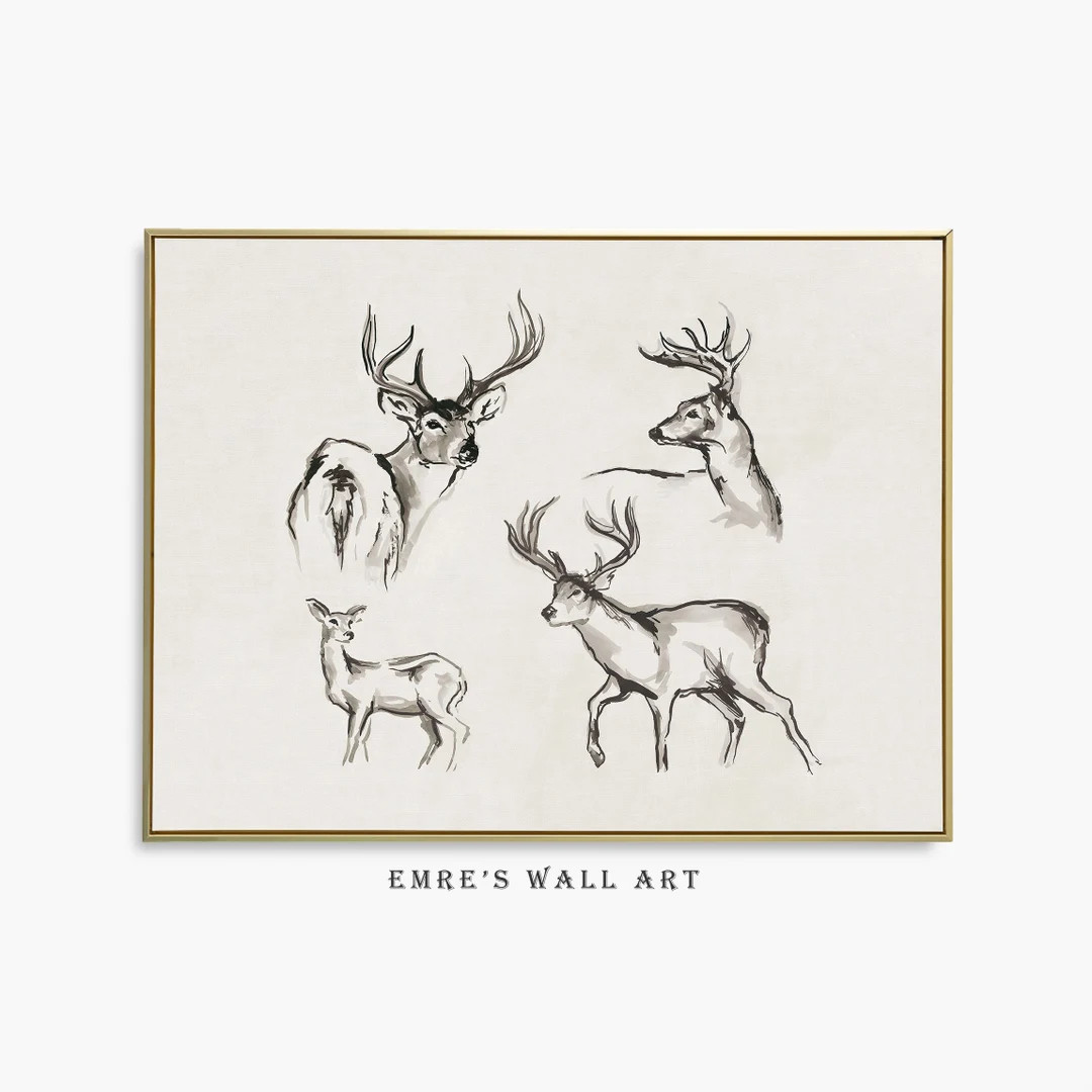 Antique Rustic Nursery Deer Art, Reinder Sketch Art, Vintage Christmas Holiday Decor, Winter Farm... | Etsy (US)