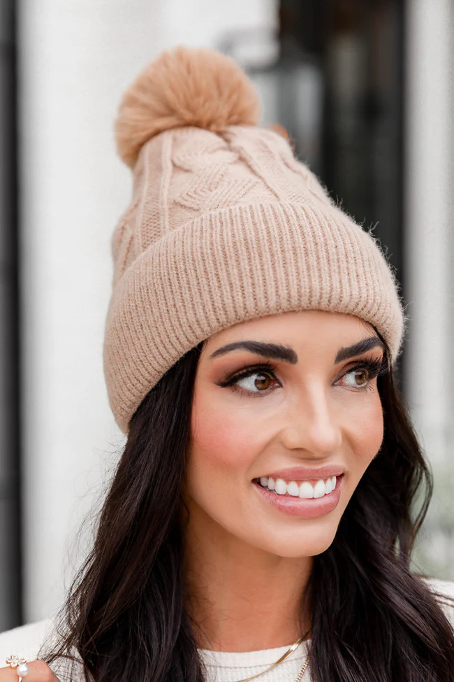 Tan Cable Knit Sherpa Lined Beanie | Pink Lily