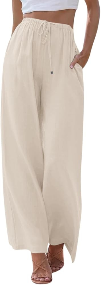 Flowy Linen Pants Women Summer Casual Loose High Waisted Beach Pants Lightweight Comfy Soft Wide ... | Amazon (US)