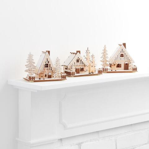 Laser Cut Wood Icy Cottage LED Light Up Decor Set of 3 | World Market