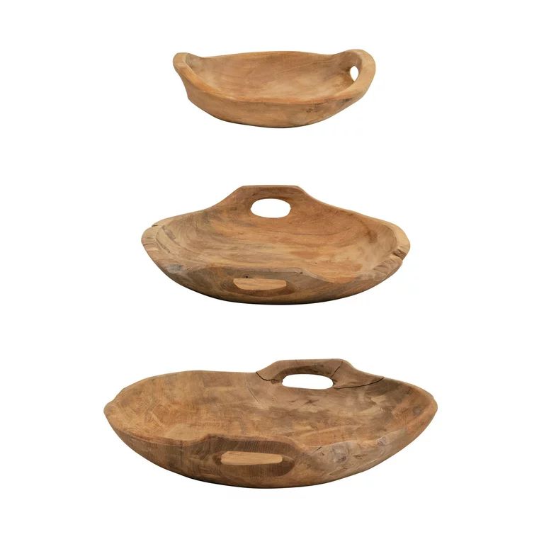 Creative Co-Op Teak Wood Bowls with Handles, Set of 3 (Each One Will Vary) | Walmart (US)