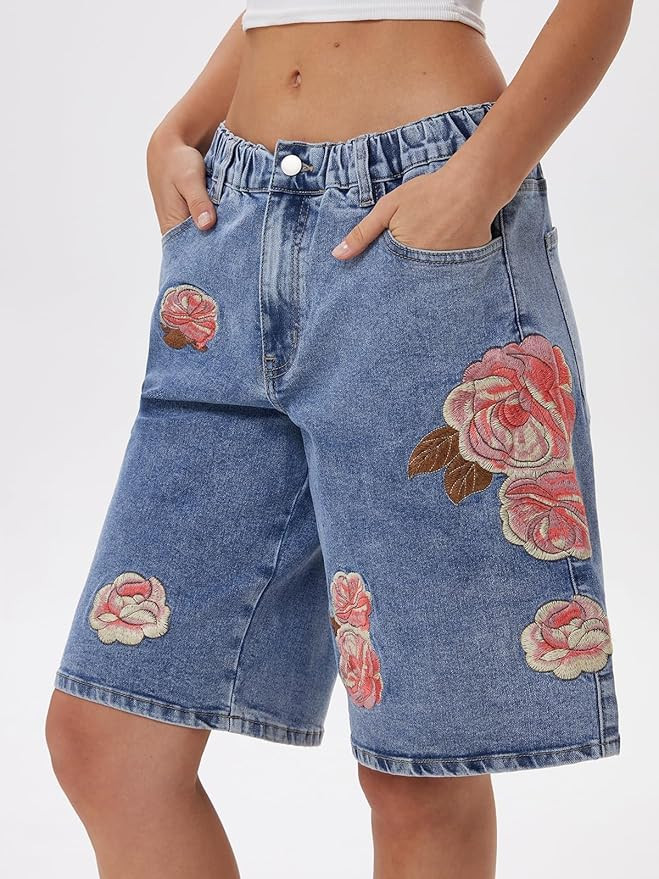 Bermuda Jean Shorts for Women Mid Rise Long Baggy Stretchy Embroidered Denim Shorts Summer Jorts ... | Amazon (US)
