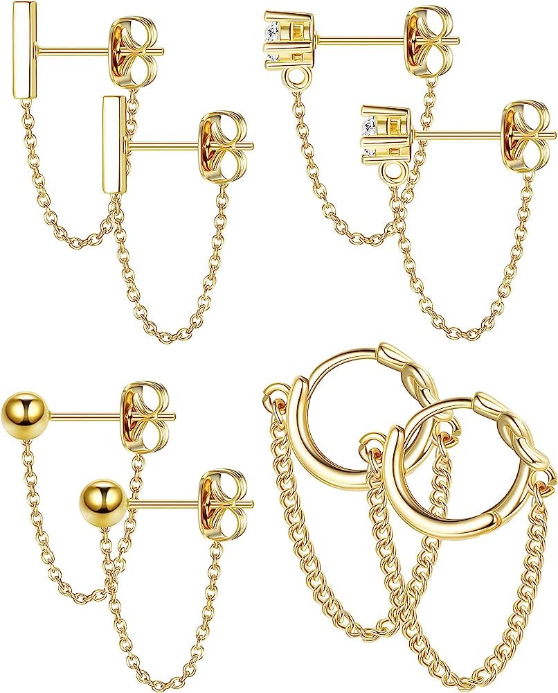 YADOCA 4 pairs Copper Chain Stud Earrings Set for Women CZ Dangle Earrings Ball Stud Earring Bar Stu | Amazon (US)