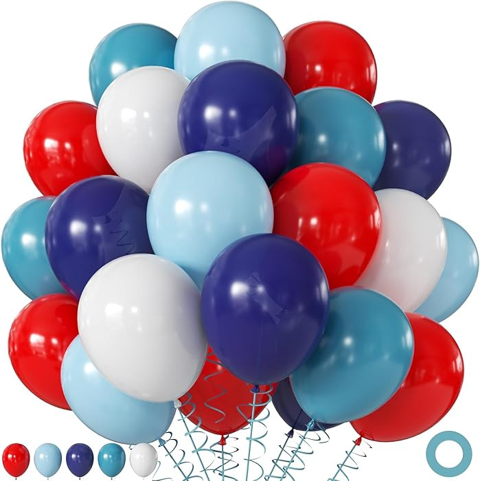 Red Blue White Balloons, 60Pcs 12 Inch Red Navy Light Blue Dusty Blue White Balloons for Baseball... | Amazon (US)