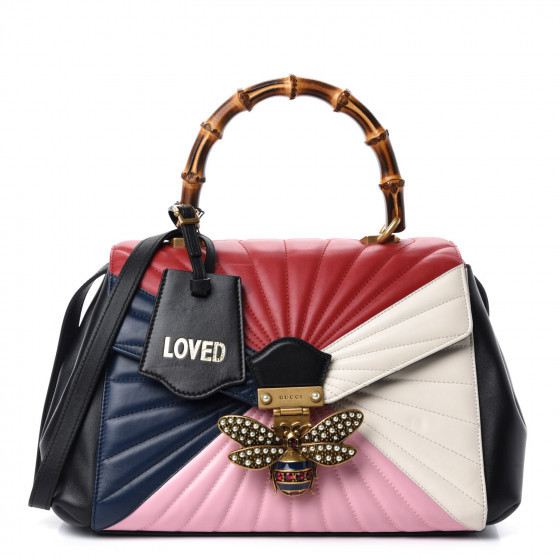 GUCCI Calfskin Bamboo Queen Margaret Top Handle Bag Light Pink White Hibiscus Red Blue | Fashionphile