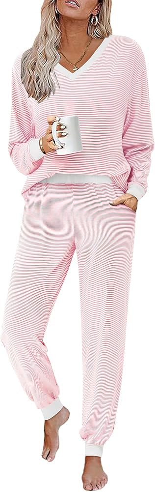 JUSTFASHIONNOW Women's Pajama Sets 2 Piece Striped Lounge Sets Long Sleeve Top and Pants Soft Sle... | Amazon (US)