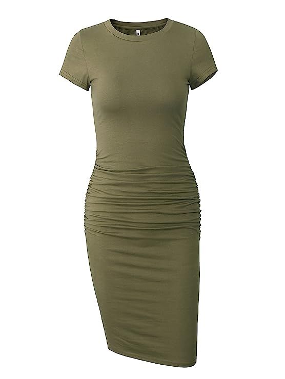 Missufe Women's Ruched Casual Sundress Midi Bodycon Sheath Dress | Amazon (US)