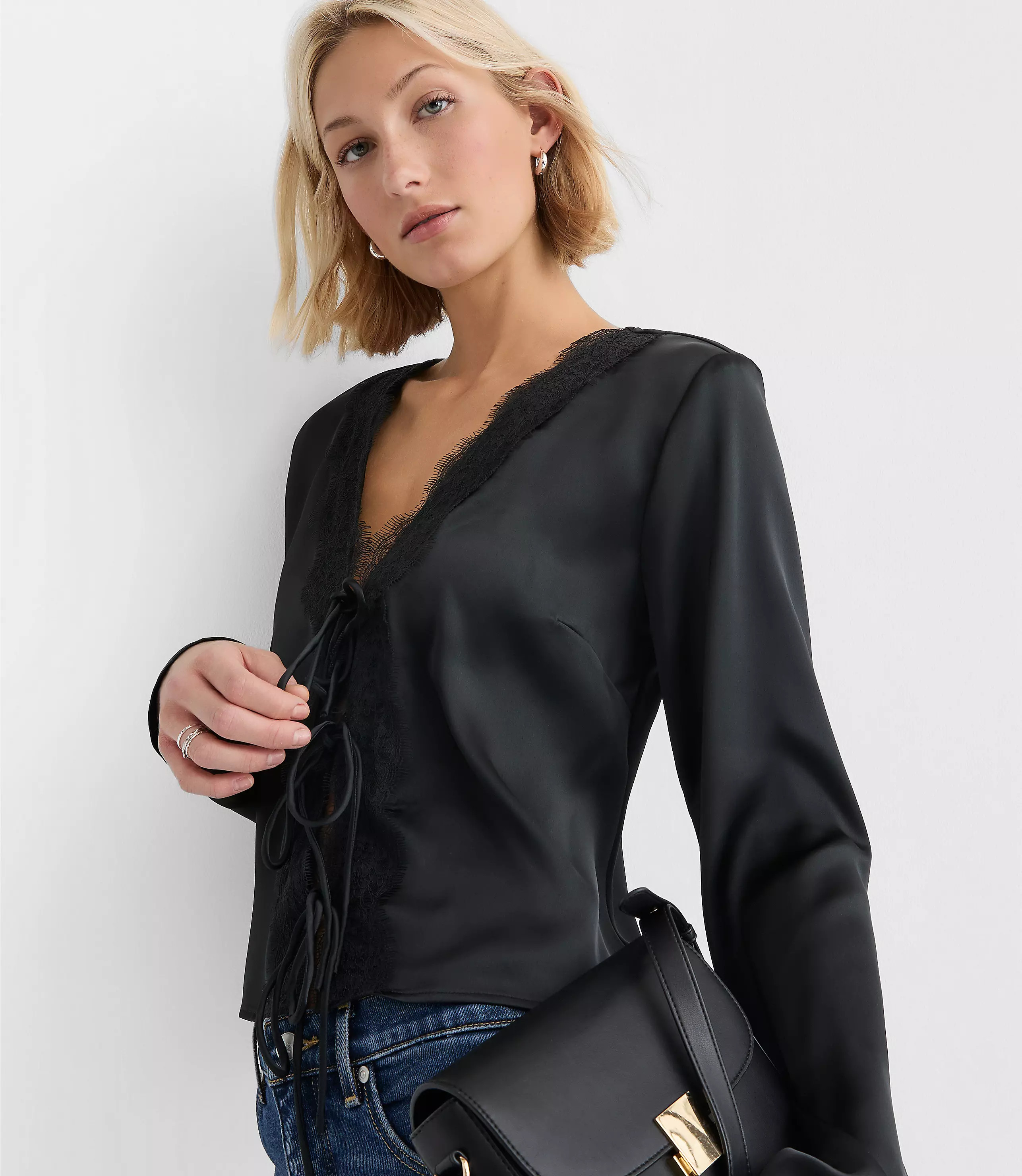 Lace Trim Satin Bow Blouse | LOFT