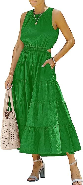 ANRABESS Womens Summer Sleeveless Cutout Maxi Dress Crewneck Tiered Flowy A-Line Sundress with Po... | Amazon (US)