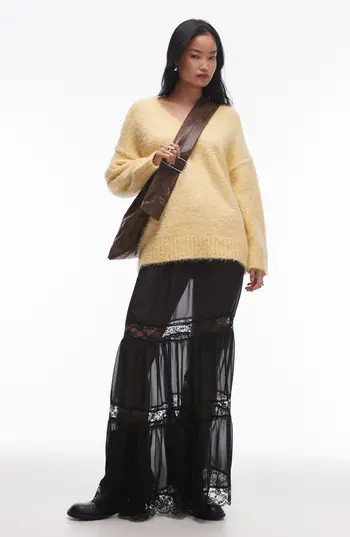 Topshop Tiered Sheer Lace Inset Maxi Skirt in Black at Nordstrom Rack, Size 12 | Nordstrom Rack