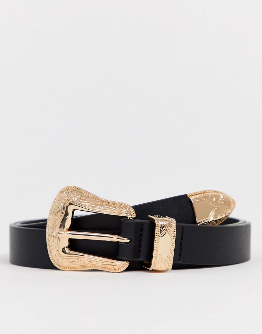 ASOS DESIGN slim western belt in black faux leather with gold buckle | ASOS (Global)