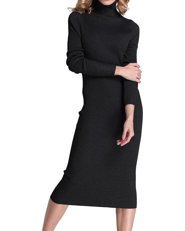 Rocorose Women's Turtleneck Ribbed Elbow Long Sleeve Knit Sweater Dress | Amazon (US)