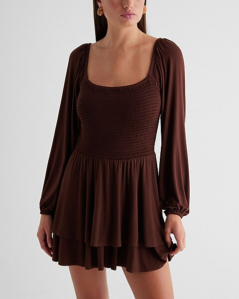 Square Neck Long Sleeve Smocked Romper | Express