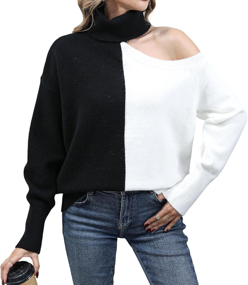 Color Block Sweaters for Women Turtleneck Long Sleeve Casual Pullover Knit Fall Cutout Cold Shoul... | Amazon (US)