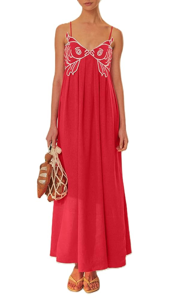 UAURORAO Women Koi Fish Maxi Dress 3D Embroidered Sardine Long Cami Dress Spaghetti Strap Boho Fl... | Amazon (US)