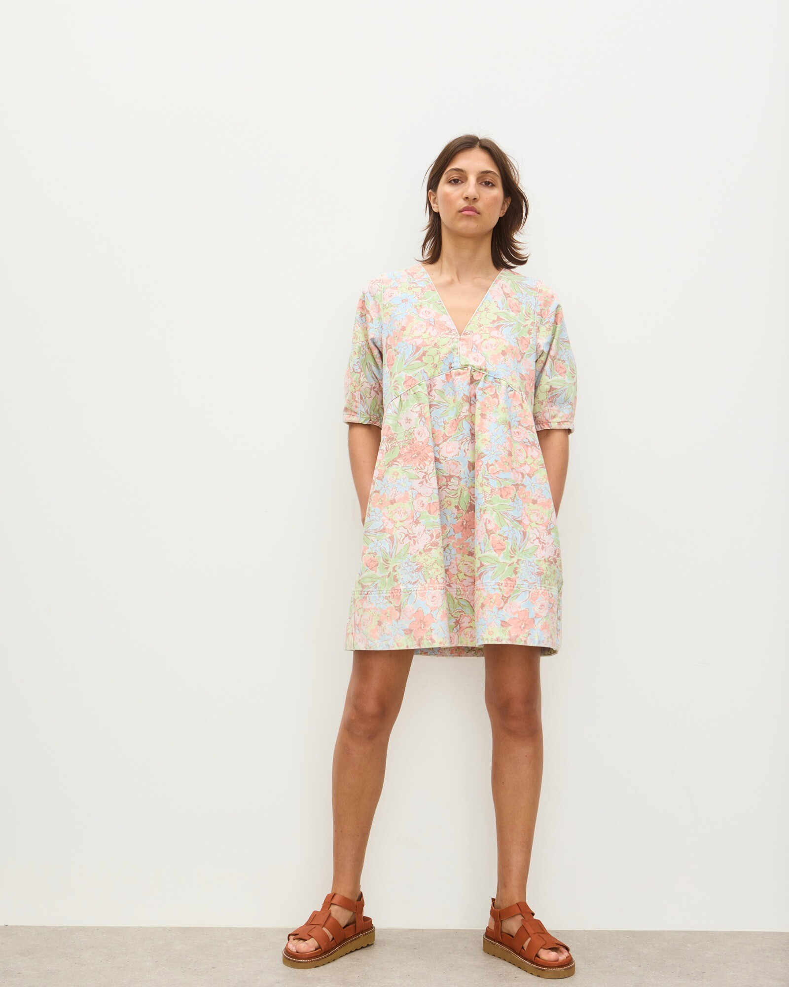 Pastel Floral Print Denim V-Neck Mini Dress | Oliver Bonas | Oliver Bonas (Global)