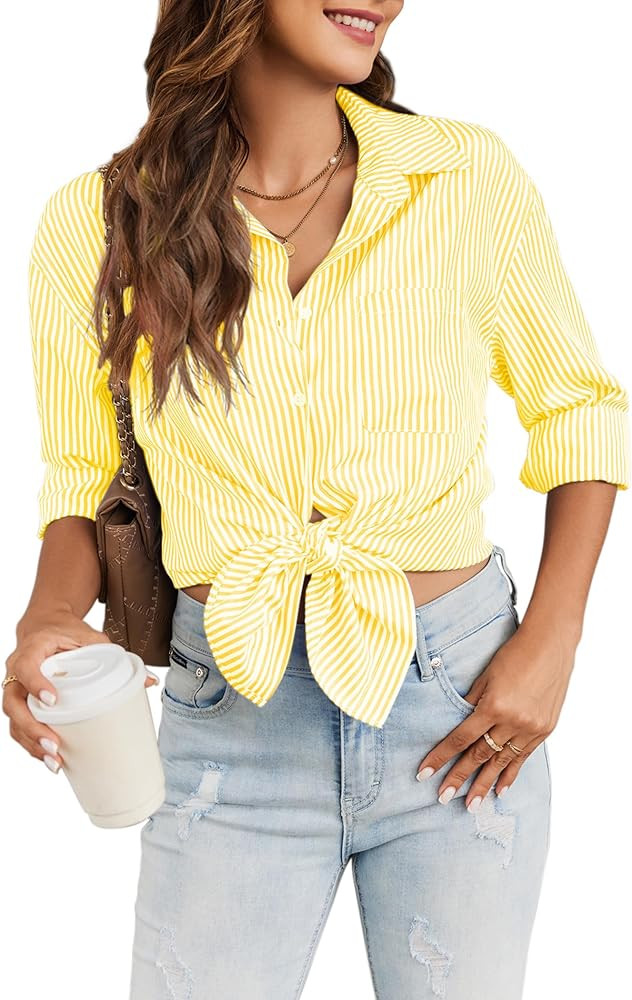 Womens Button Down Shirt Striped Lightweight Business Casual Tops Long Sleeve Work Blouses Tops w... | Amazon (US)