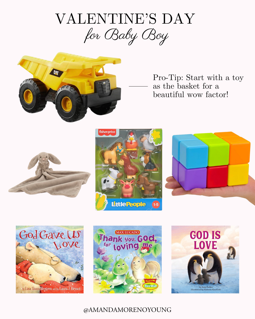 If you’re putting together a Valentine’s Day basket for a baby boy, this is such an easy and meaningful way to do it. I always love starting with a toy as the basket and filling it with simple, age-appropriate favorites that feel festive without being over the top.

Think soft loveys, chunky stacking blocks, Little People toys, and faith-based board books that gently point little hearts back to love and truth. These make perfect baby Valentine gifts, first Valentine keepsakes, or thoughtful ideas for toddlers and young boys.

Everything here is practical, developmentally friendly, and something they’ll actually use long after February 14th—because candy is cute, but toys + books win every time. All linked and easy to shop 💙 

 

#LTKmomlife #LTKBaby #LTKKids