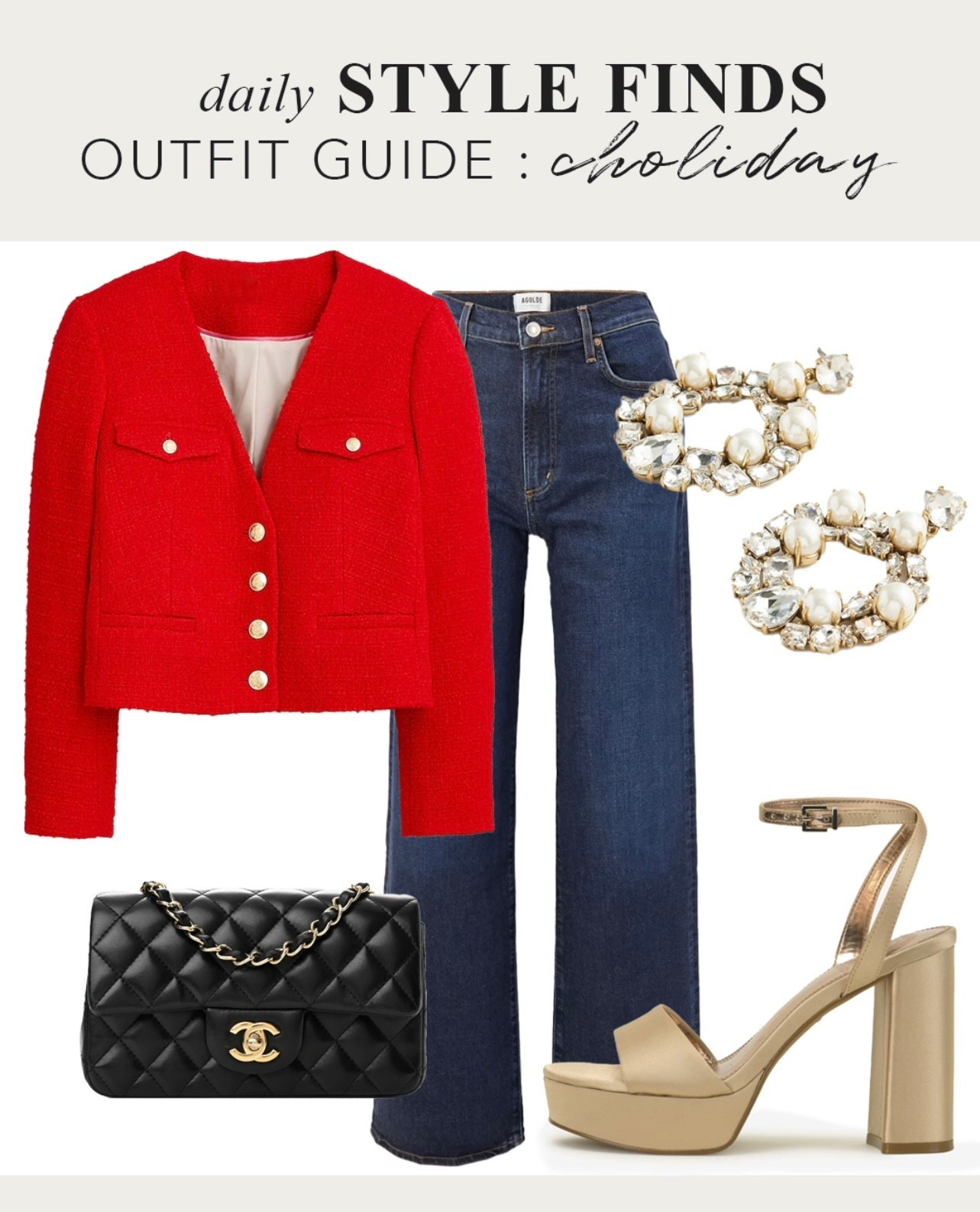 NYE outfit 2025 - jeans and red blazer crop Jacket with gold heels and black Chanel bag and sparkle earrings 

#LTKOver40 #LTKootd #LTKHoliday
