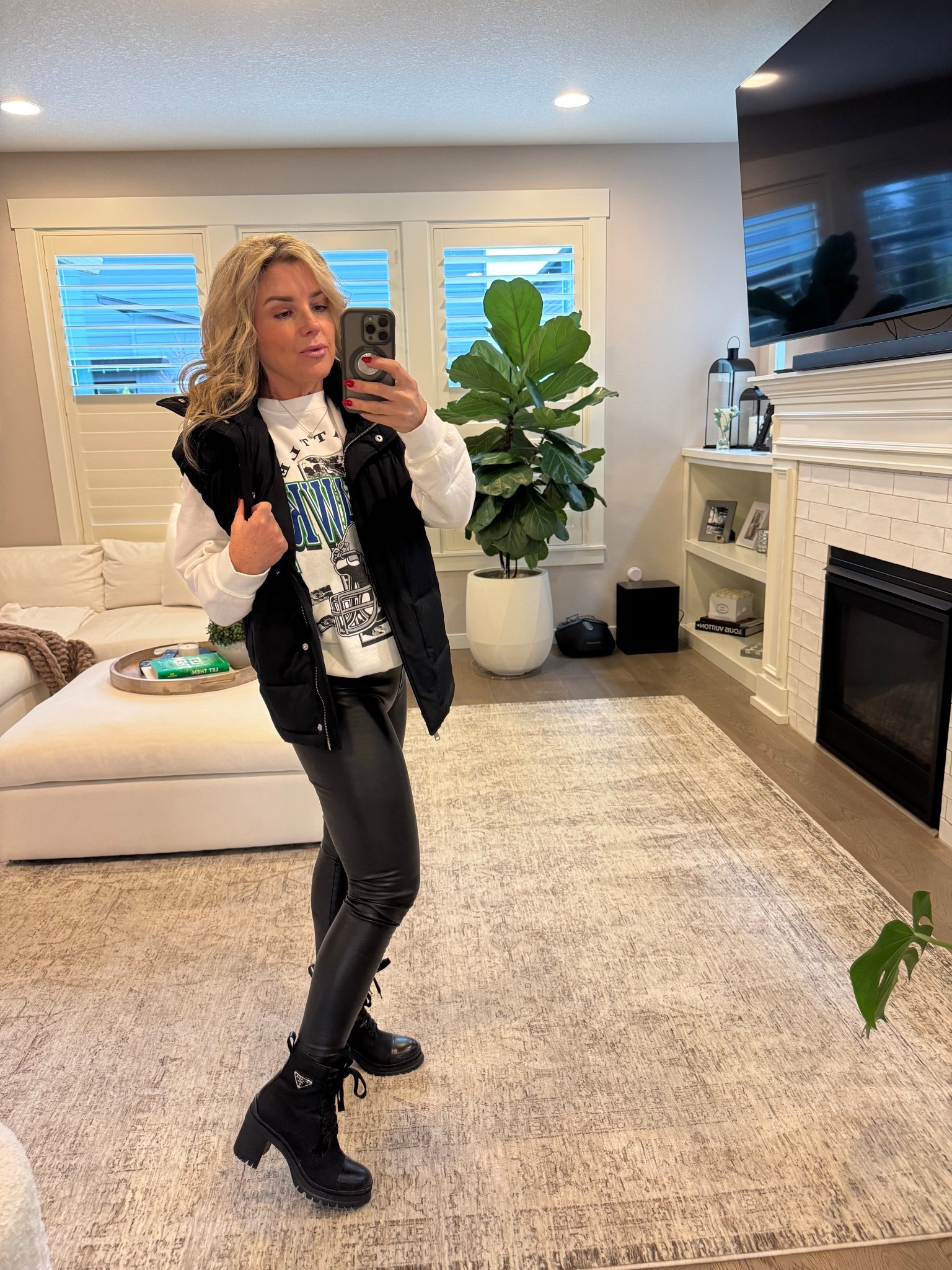 Junk food Seahawks sweater size small 
Target leggings size XS 
Prada boots
Abercrombie vest XS 

#LTKSeasonal #LTKOver40 #LTKootd