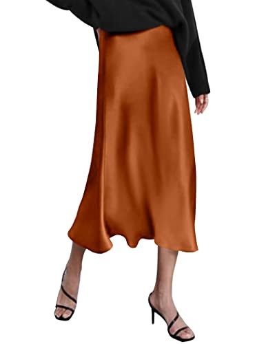 Zeagoo Satin Skirt for Women Midi High Waisted Solid Skirts Party Dresses Elegant Dark Brown | Amazon (US)