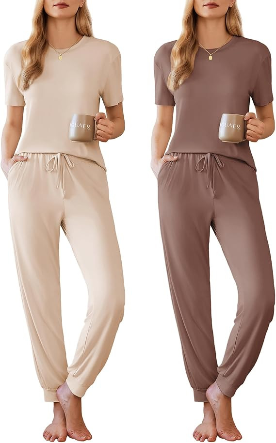 Ekouaer 2 Pack Womens Pajama Sets Short Sleeve Tops Jogger Pants Lounge Sets Soft Loungewear Prin... | Amazon (US)