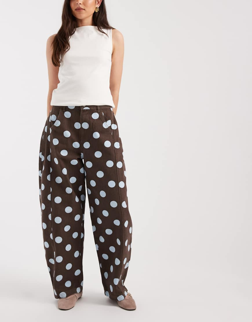 ASOS DESIGN mid rise barrel leg jeans in chocolate and brown polka dots | ASOS (Global)