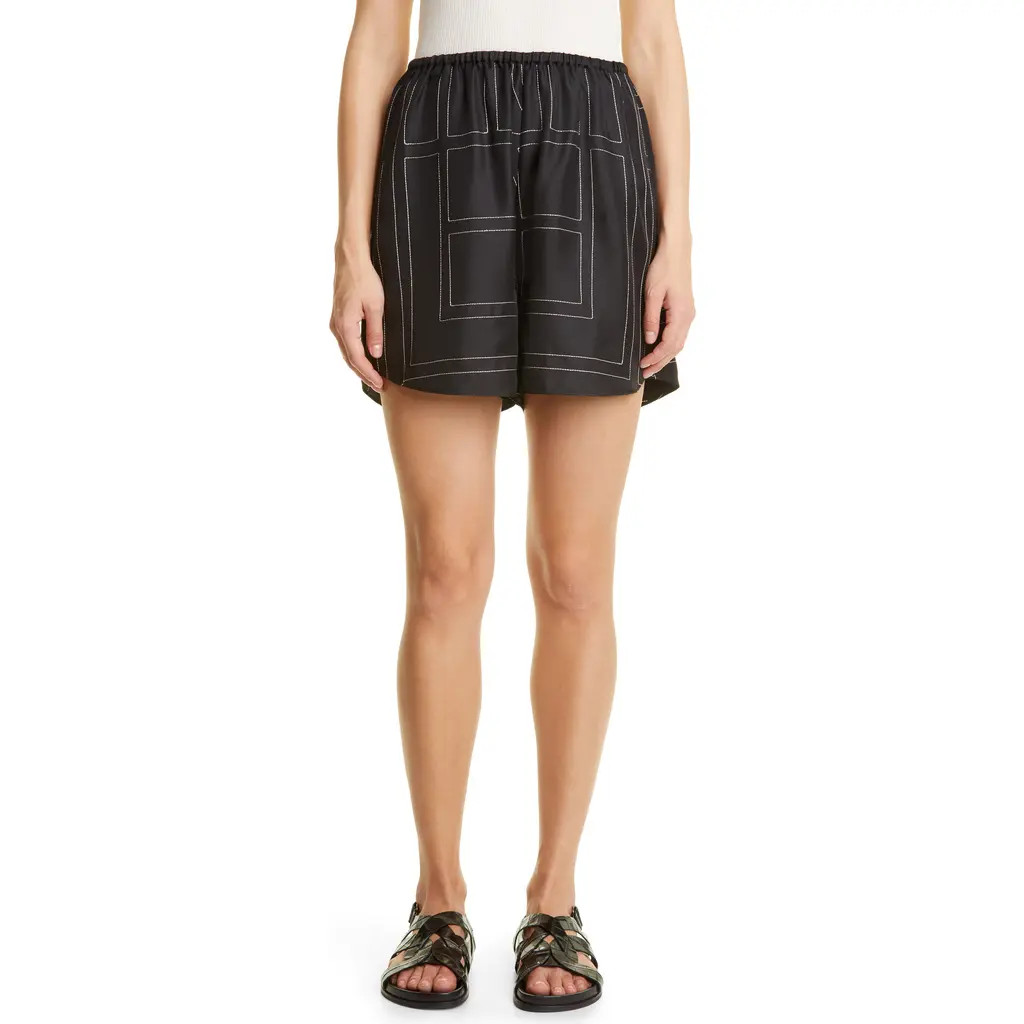 TOTEME Monogram Pull-On Silk Shorts in Black Monogram at Nordstrom, Size 2 Us | Nordstrom