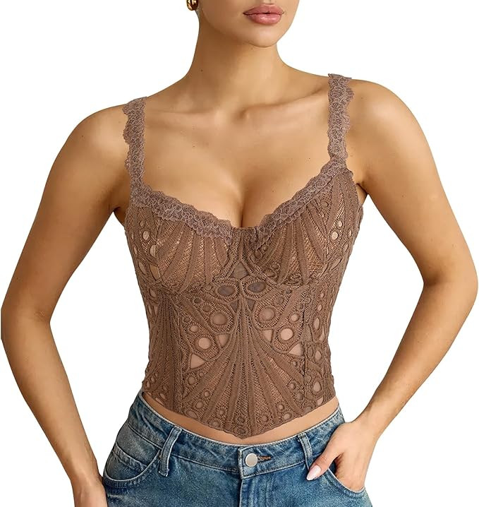LEACOOLKEY Lace Corset Top for Women Sexy Sheer Floral Bustier Going Out Lace-up Bralette Club Pa... | Amazon (US)