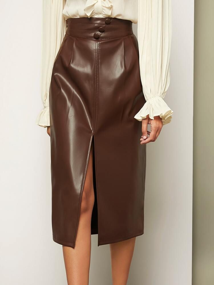 SHEIN BIZwear High Waist Split Thigh PU Leather Skirt | SHEIN