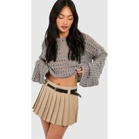 Womens Belted Pleated Skort - Beige - 10, Beige | Boohoo.com (UK & IE)