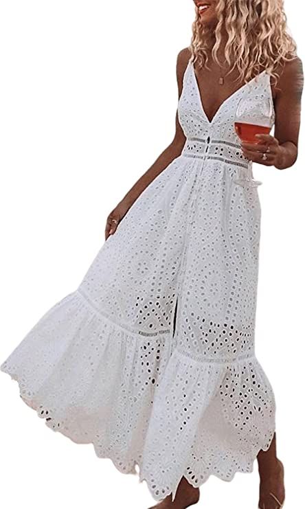 Narspeer Women's Beach Flowy Embroidery Long Dress Summer Spaghetti Straps Floral Maxi Dress | Amazon (US)