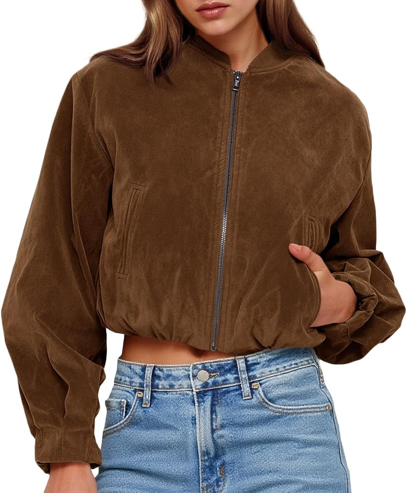 Tankaneo Womens Faux Suede Bomber Jackets Cropped Trendy Casual Zip Up Lightweight Coats Oversize... | Amazon (US)