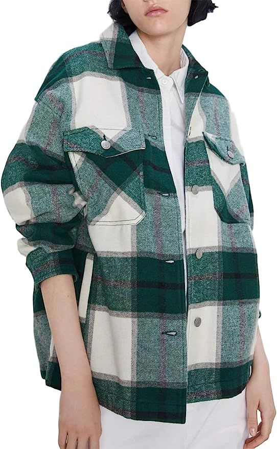 UANEO Womens Casual Plaid Wool Blend Button Down Long Sleeve Shirt Jacket Shackets | Amazon (US)