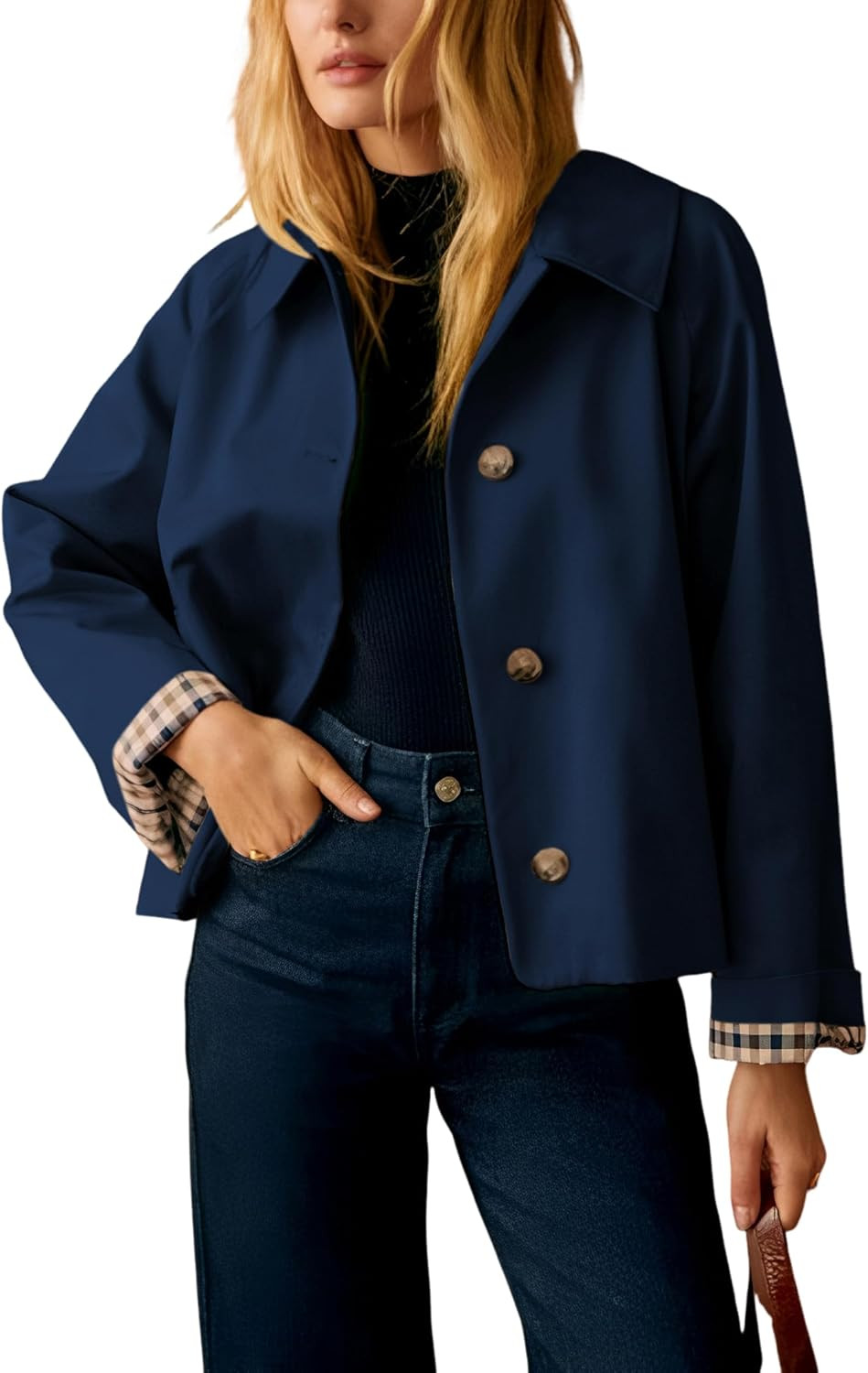 Dqbeng Womens Short Trench Jacket Plaid Lining Button Front Lightweight Classic Casual Outerwear with Pockets | Amazon (US)