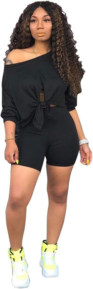 Womens 2 Piece Outfits for Women Sexy Knot Tie Up Tracksuit Shirt Shorts Set Activewear | Amazon (US)