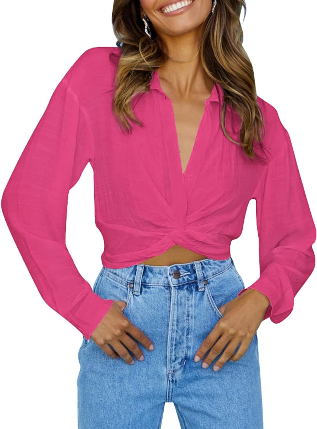 Zeagoo Button up Crop Shirt Date Night Tops for Women Cropped Long Sleeve Hot Pink Blouse M at Am... | Amazon (US)