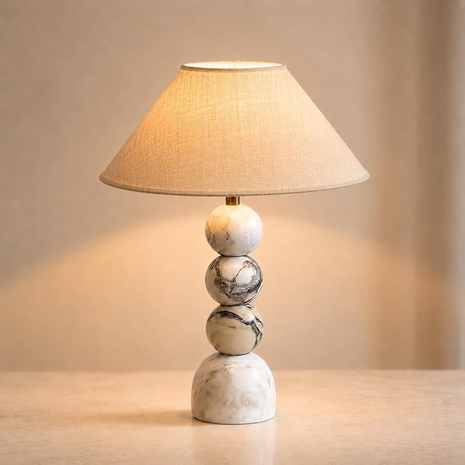 Calacatta Marble Table Lamp,Beige Linen Shade,for End Table | Amazon (US)