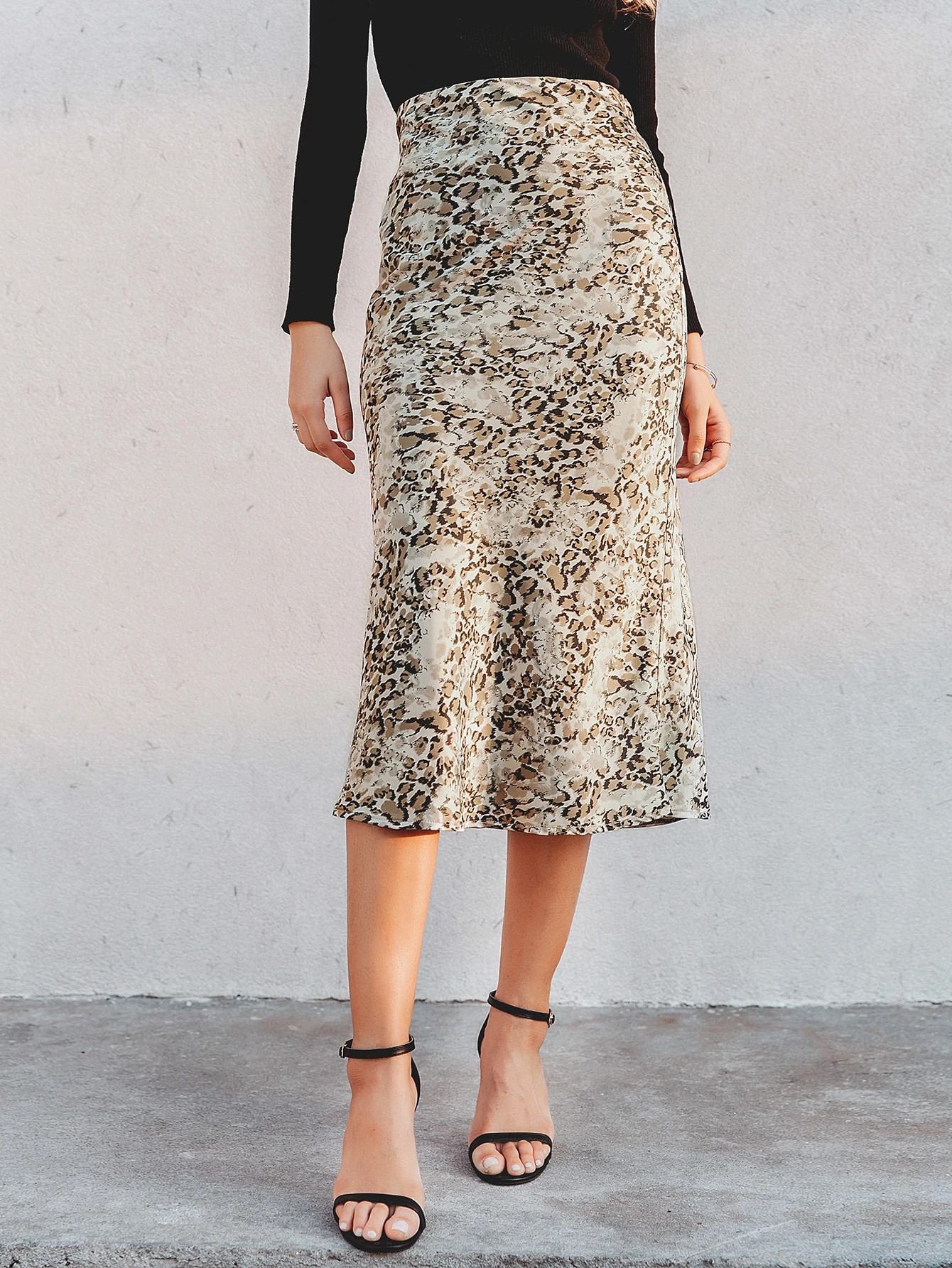 Simplee Zip Side Leopard Satin Skirt | SHEIN