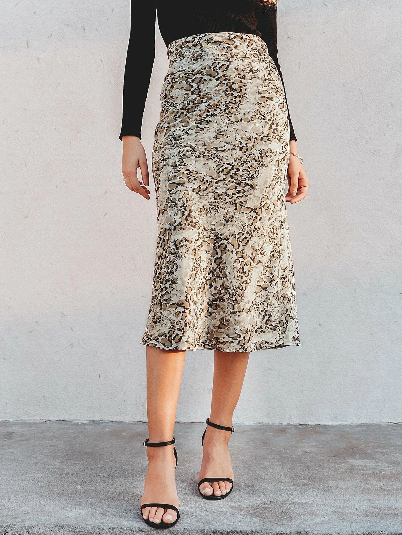 Simplee Zip Side Leopard Satin Skirt | SHEIN