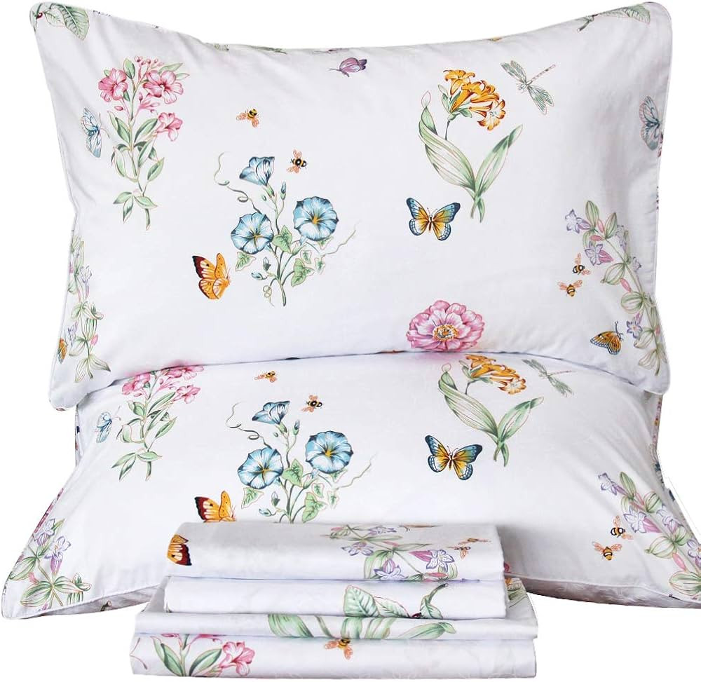 QSH Floral Queen Size Sheet Sets - Flower Butterfly Print Pattern Egyptian Cotton Printed Bedding... | Amazon (US)