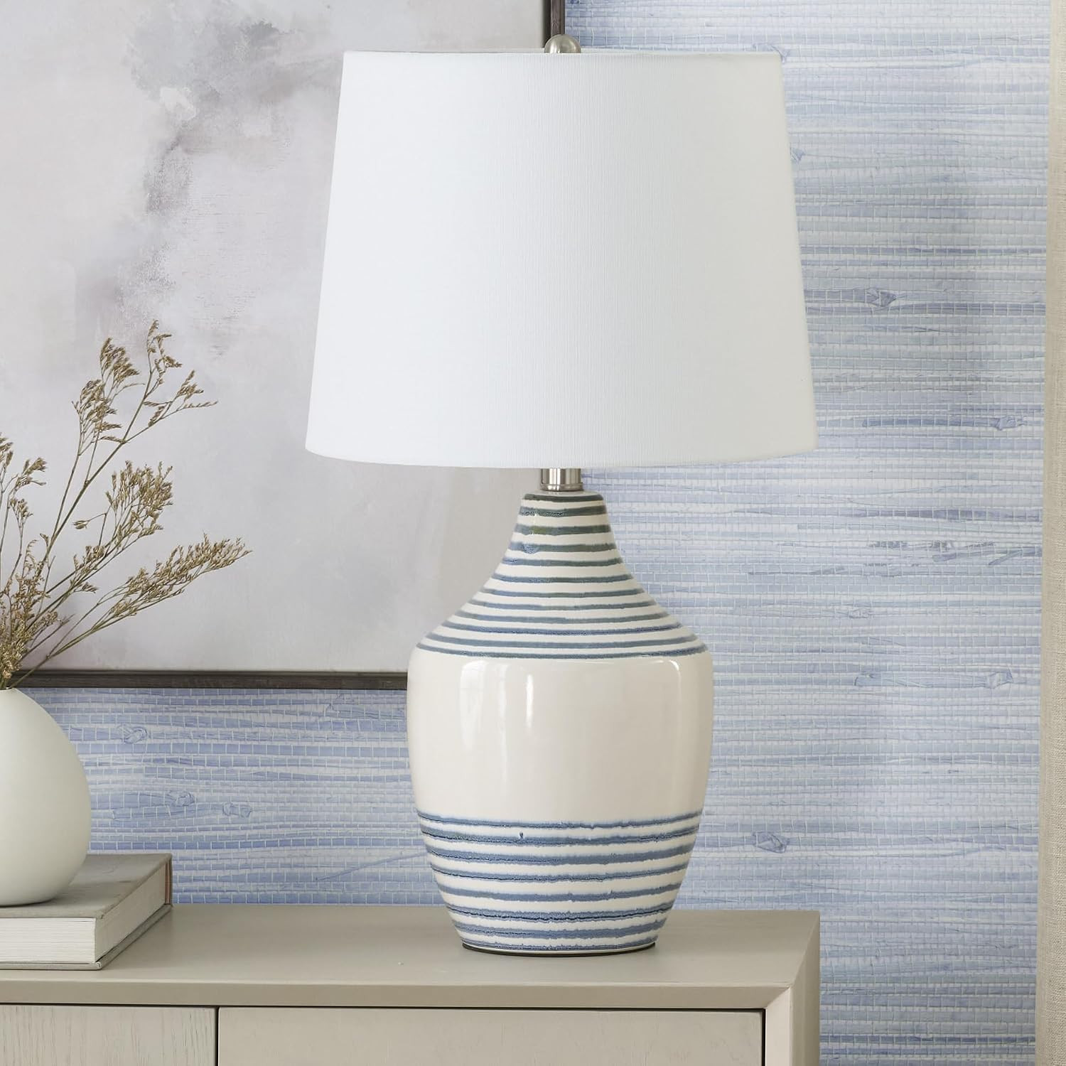 Nourison 23" Blue & White Striped Coastal Ceramic Table Lamp for Bedroom, Living Room, Entryway, Beach House | Amazon (US)