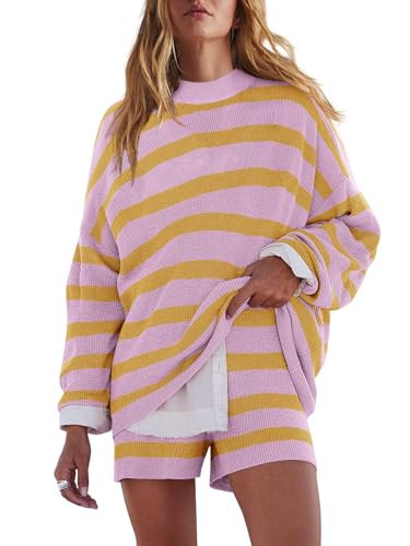 LAMISSCHE Womens Oversized Lounge Sets 2 Piece Outfits Striped Matching Pajama Set Long Sleeve Sweater Set(Yellow&Pink Purple,S) | Amazon (US)