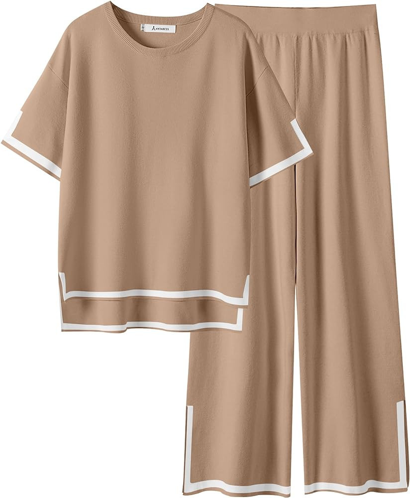 ANRABESS Womens 2 Piece Outfits Lounge Sets Short Sleeve Pullover Sweater Sets Wide leg Loose Cas... | Amazon (US)