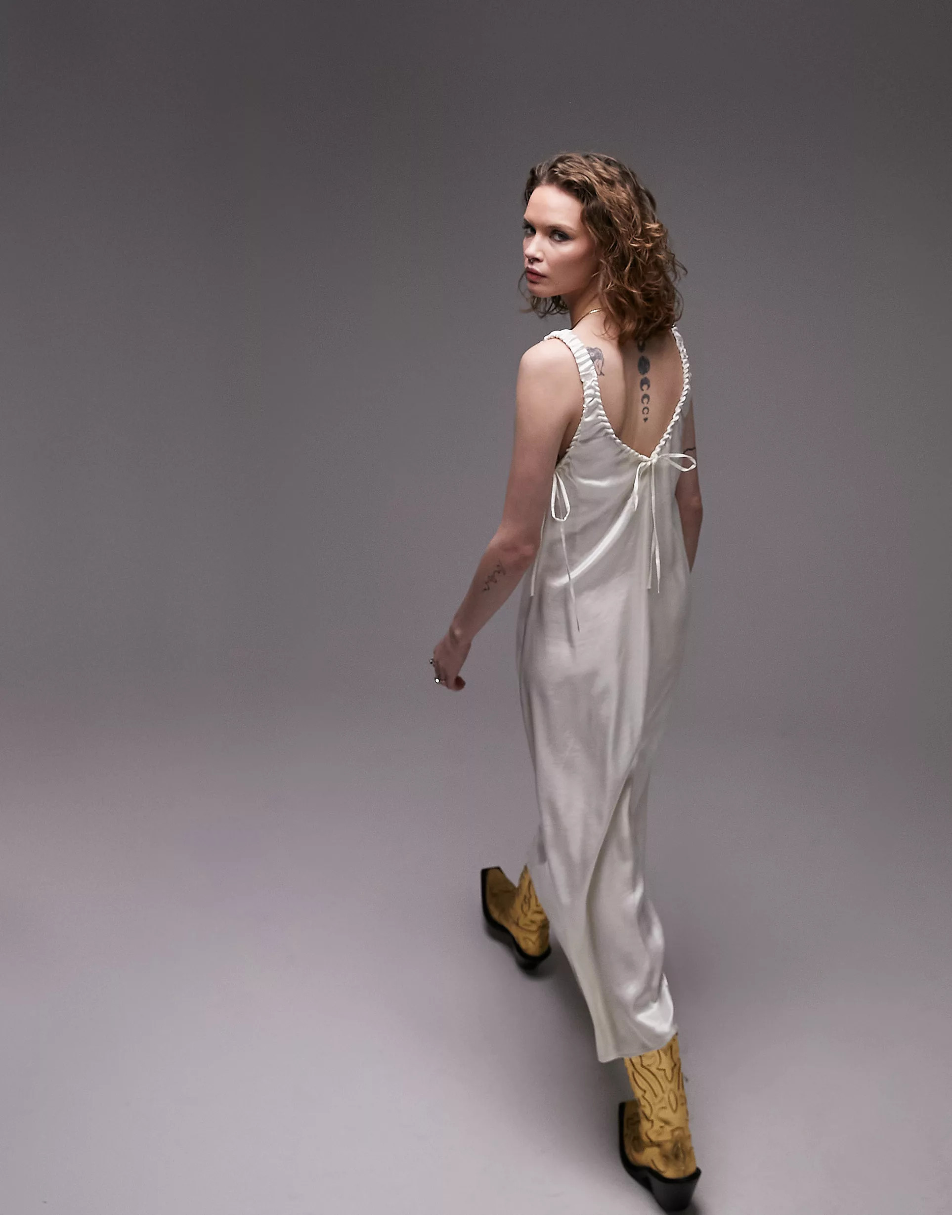 Topshop satin ruched midi dress in ivory | ASOS (Global)
