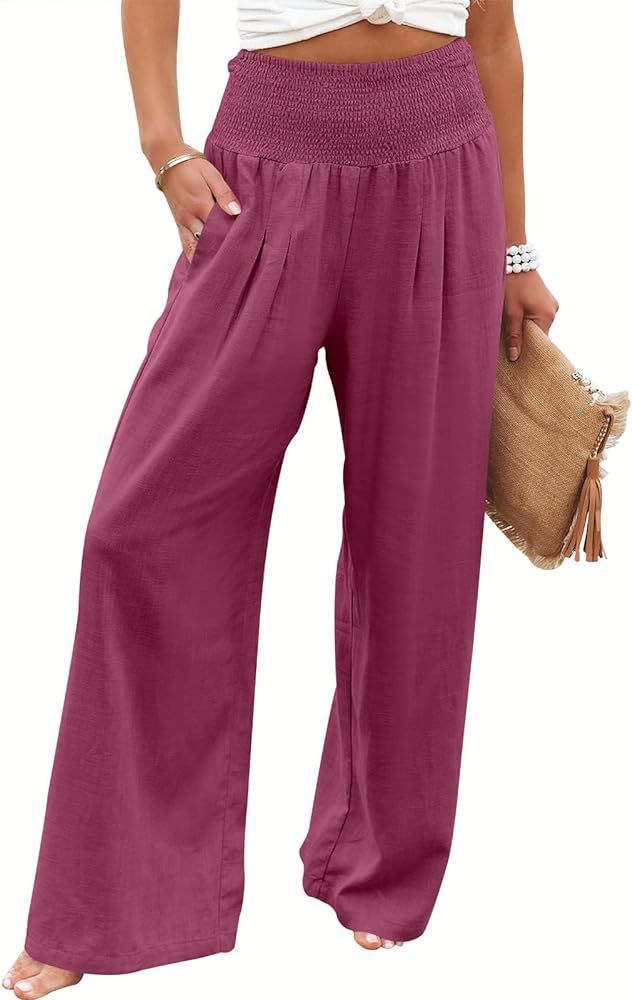 Caracilia Womens Summer Linen Pants Fashion Casual High Waist Wide Leg Elastic Palazzo Beach Boho... | Amazon (US)