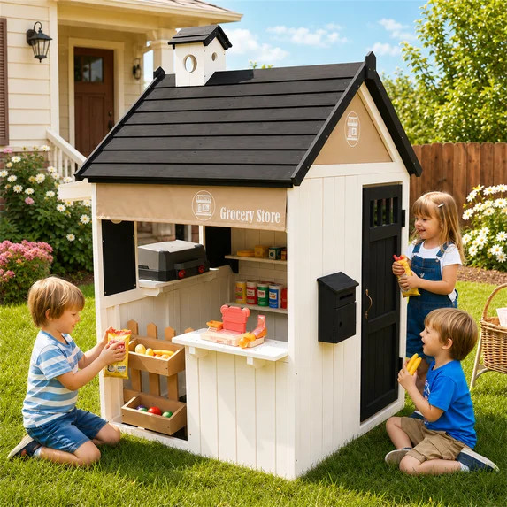 iYofe 2-IN-1 Grocery Store Outdoor Playhouse for Kids with Pretend Cash Register & BBQ Grill & Ki... | Walmart (US)