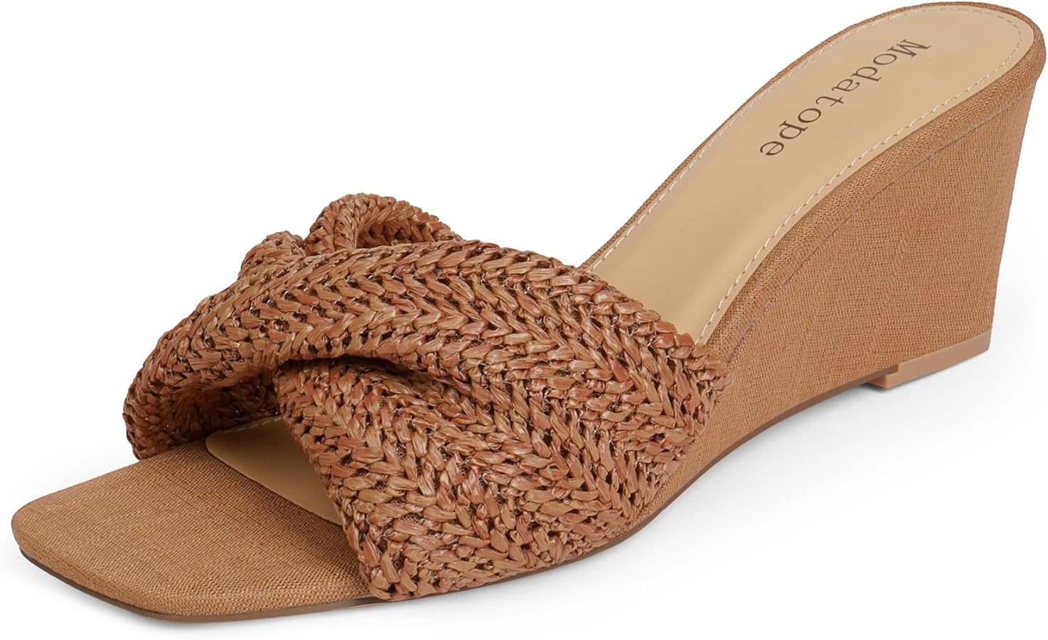 Modatope Wedge Sandals for Women Braided Wedge Heels Square Open Toe Raffia Dressy Womens Sandals | Amazon (US)