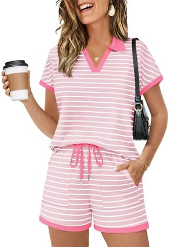 Yousify Womens Lounge Sets Two Piece Sets Summer Polo Shirts and Drawstring Shorts Matching Cloth... | Amazon (US)