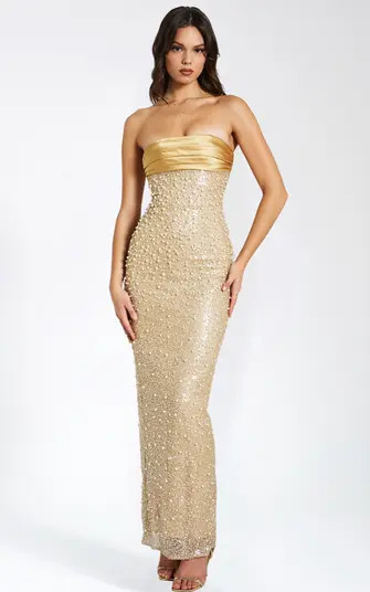Lainey Pearl Beaded Satin Sequin Strapless Maxi Gown | Nordstrom